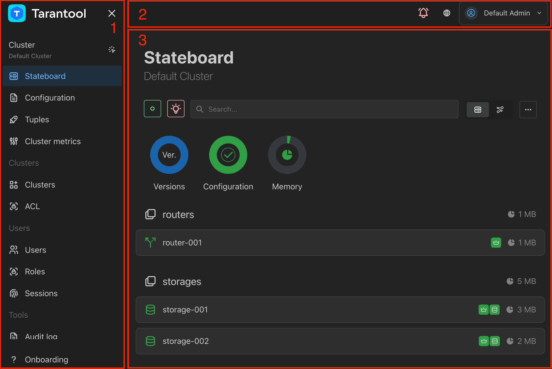 TCM UI parts: navigation pane, header, working area