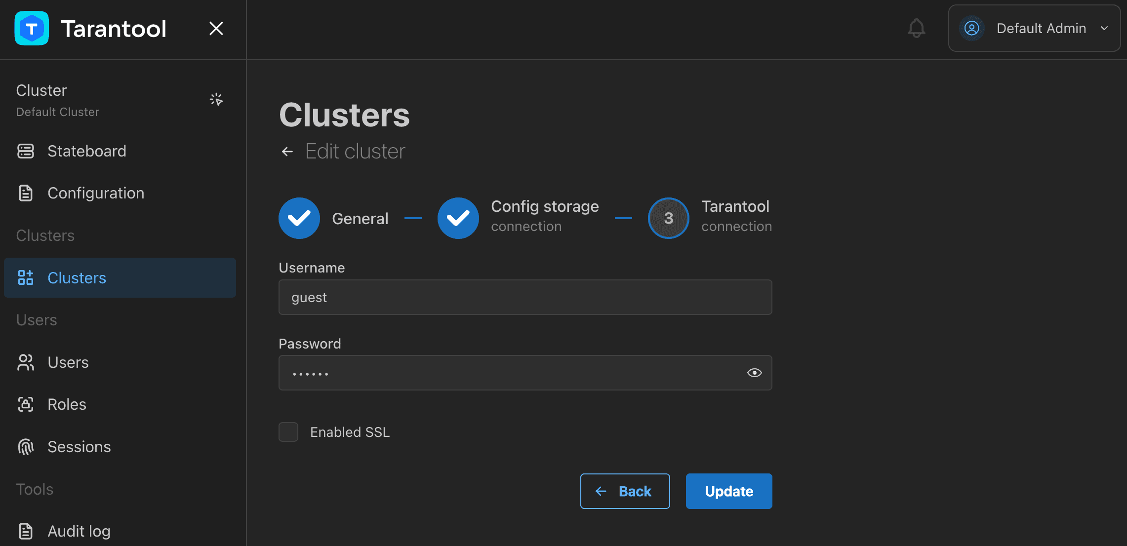 Cluster Tarantool connection settings