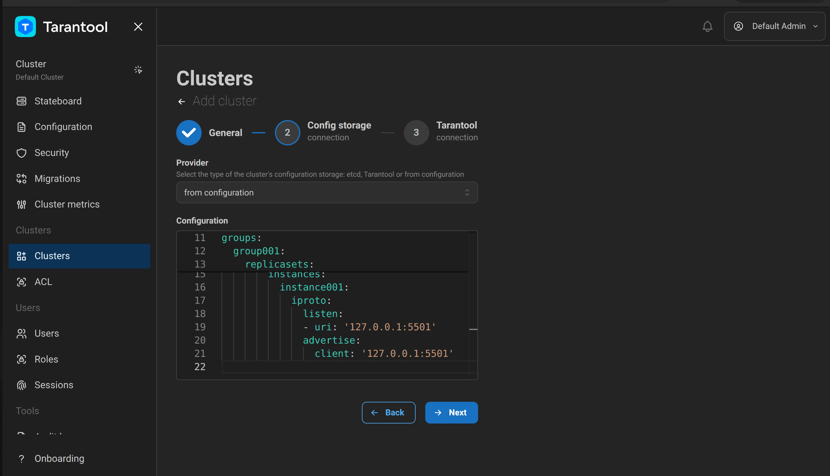 Configuration editor on the Config storage connection step
