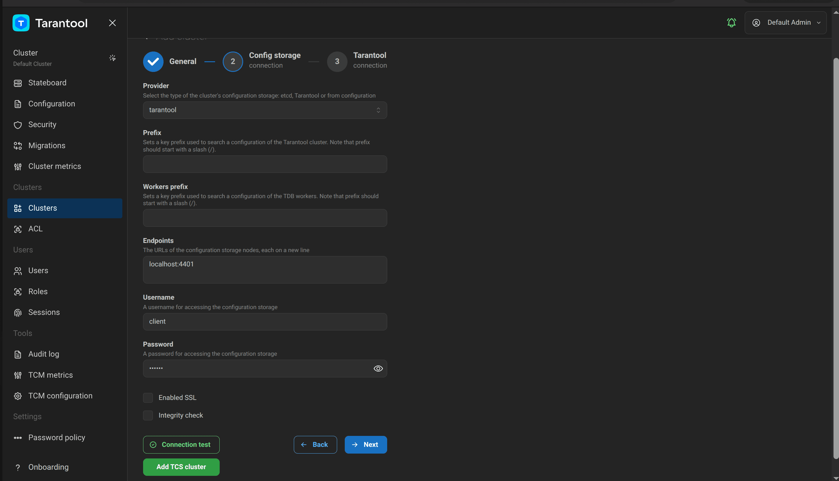 The Integrity check checkbox at the Config storage connection step