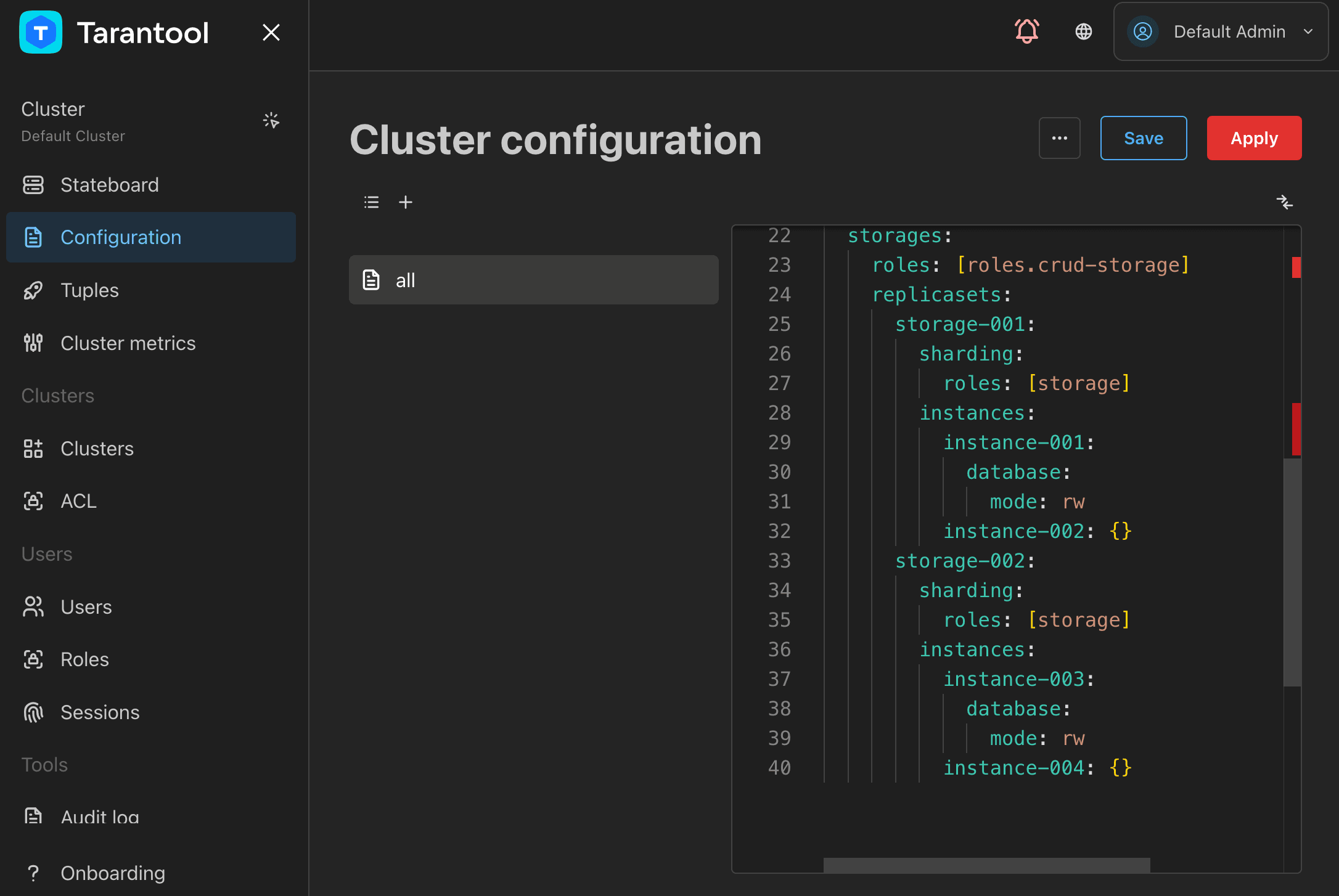TCM cluster configuration page