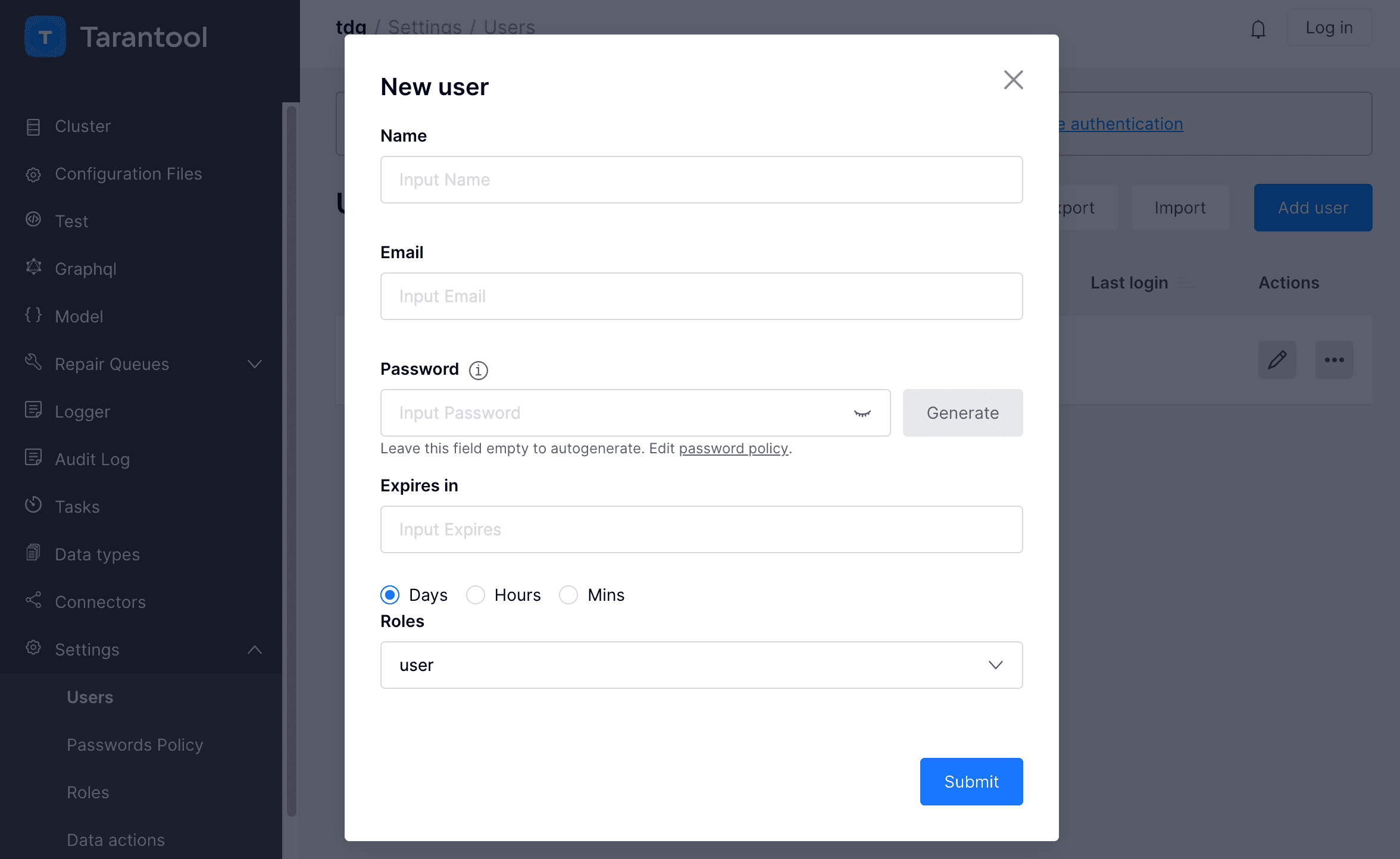 Окно "New user"