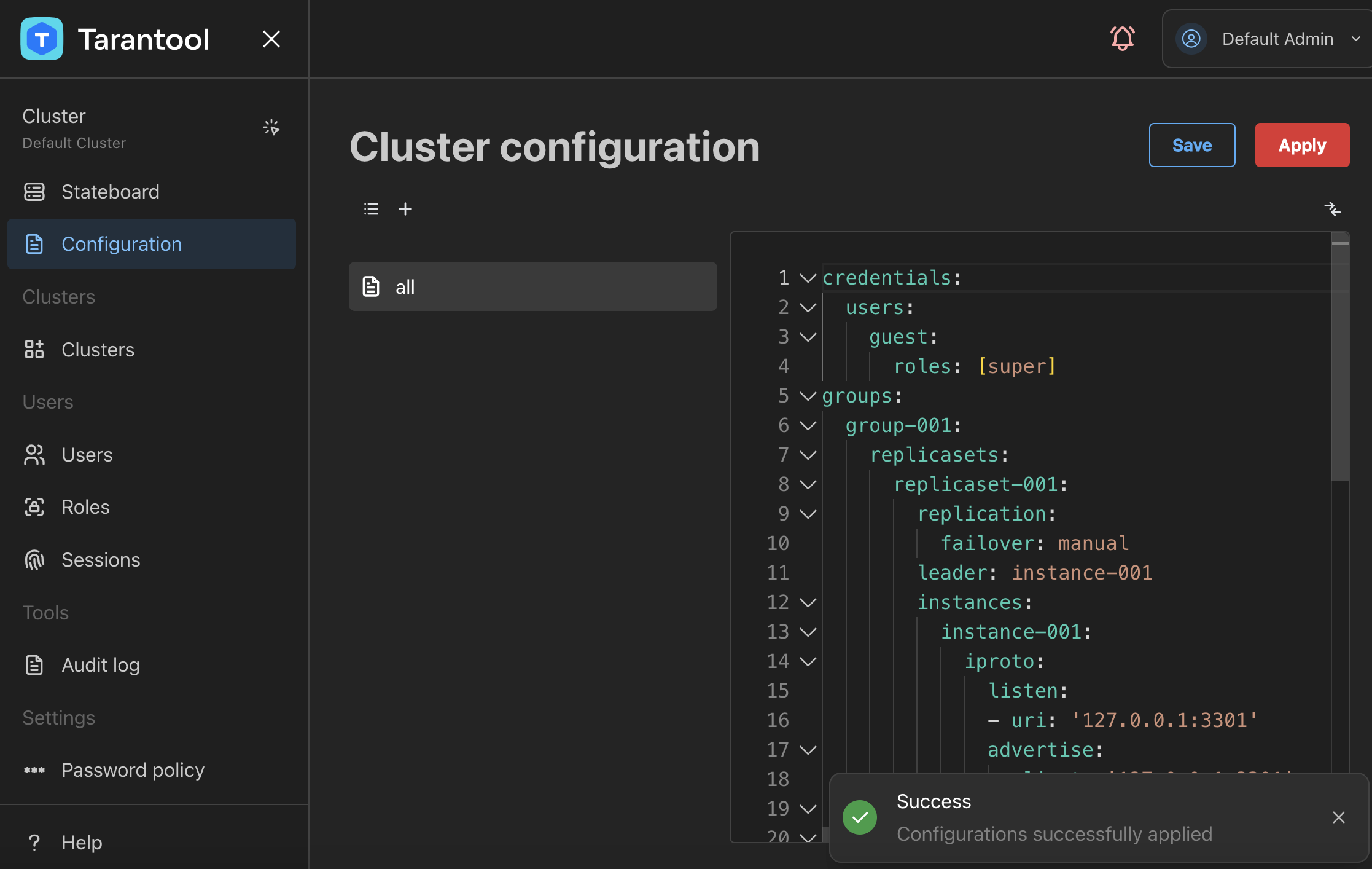Cluster configuration in TCM