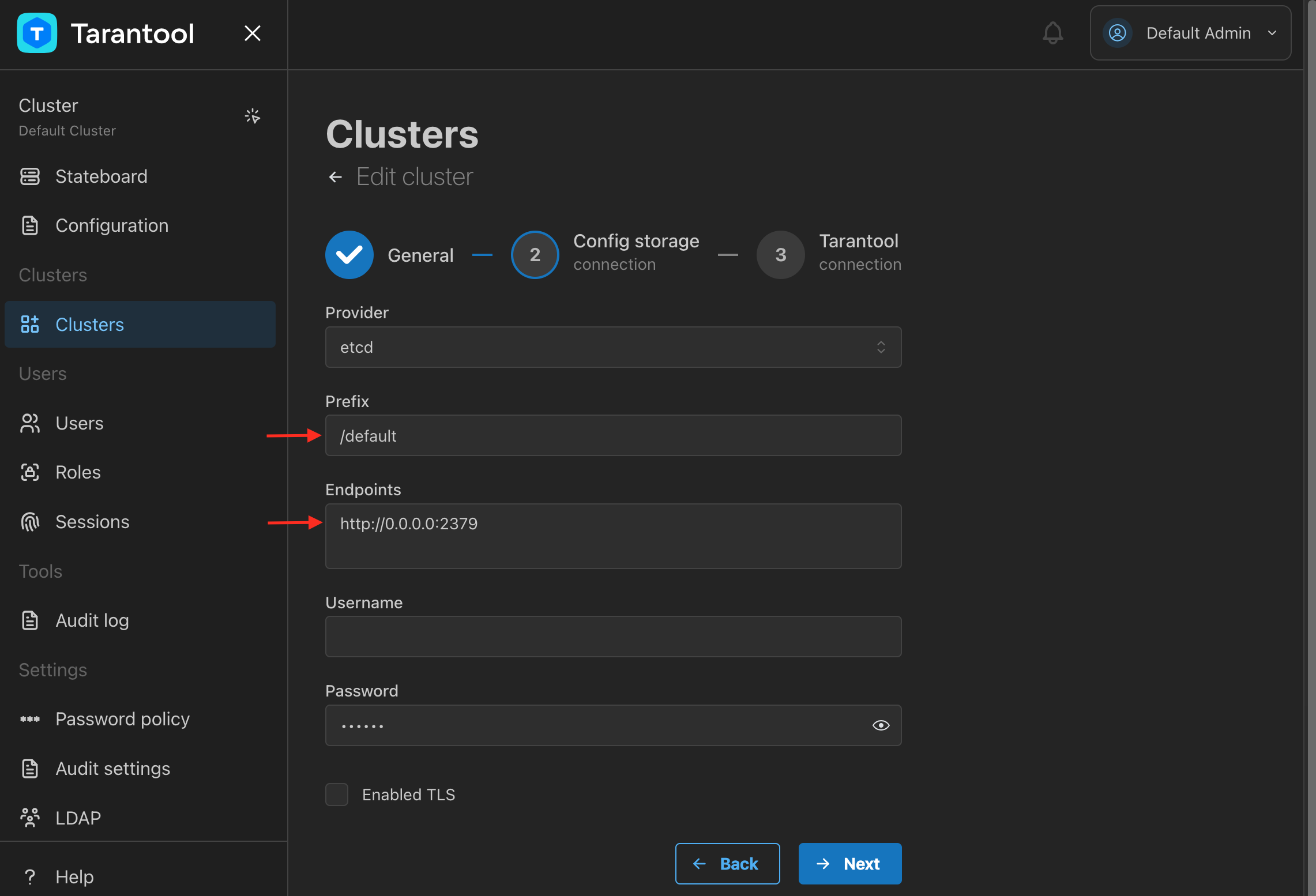 Cluster configuration storage settings